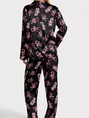 Victoria's Secret Black Satin Pajama Set with Pink Bow Print